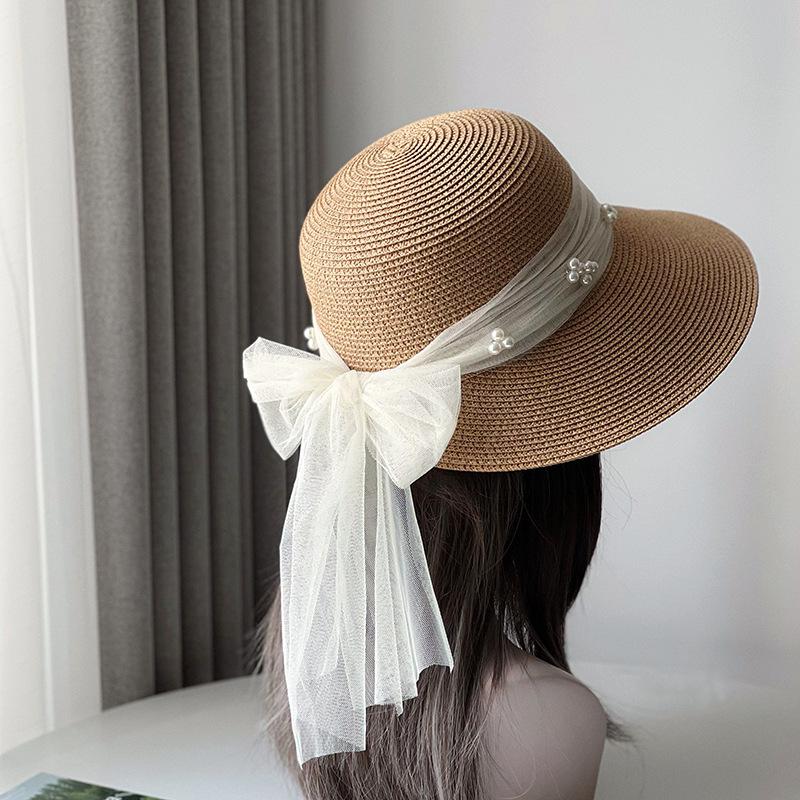 Versatile Hat Style Straw Woven Sweet Bow Pearlwomens Sunshade Hatscaps