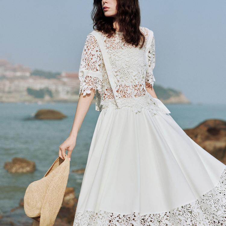Elle Hollow Out Lace Design Short Sleeve Shirt Women shirts White EC50826