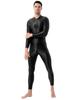 Mens Shiny High Neck Long Sleeve Double Ended Zipper Leotard Bodysuit