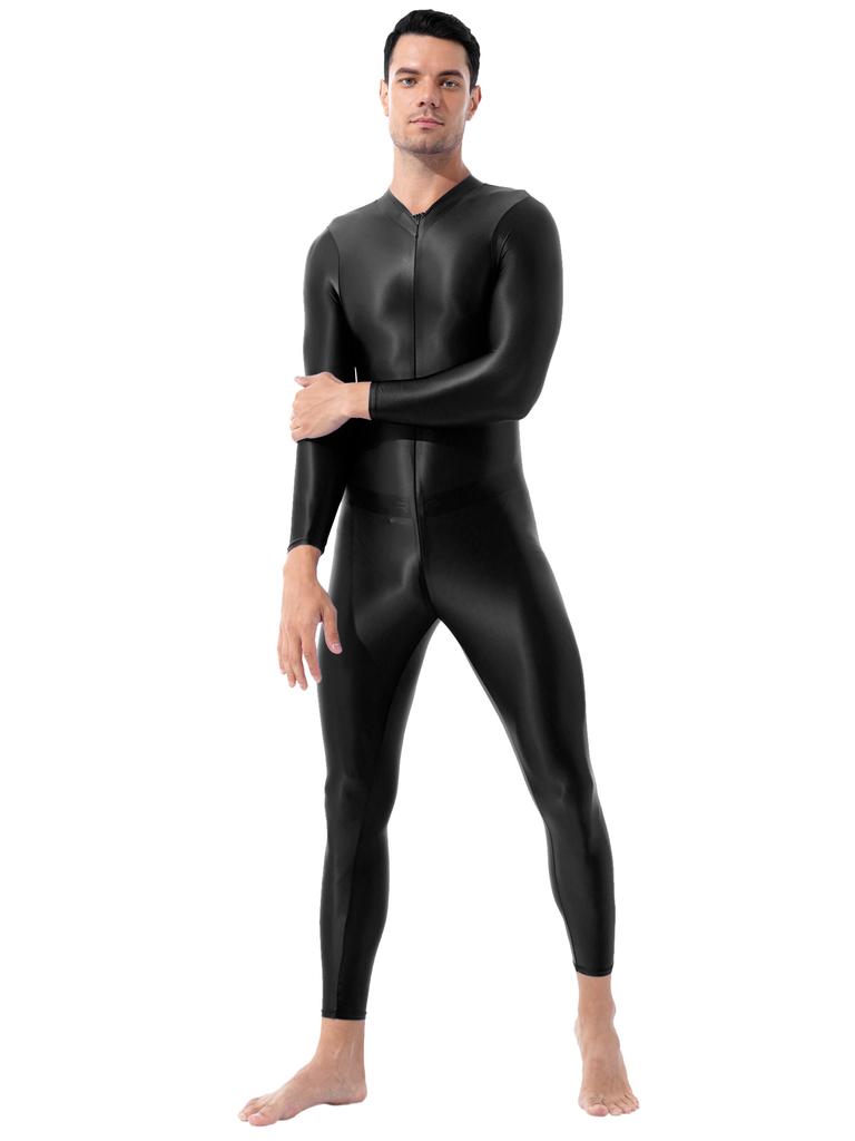 Mens Shiny High Neck Long Sleeve Double Ended Zipper Leotard Bodysuit