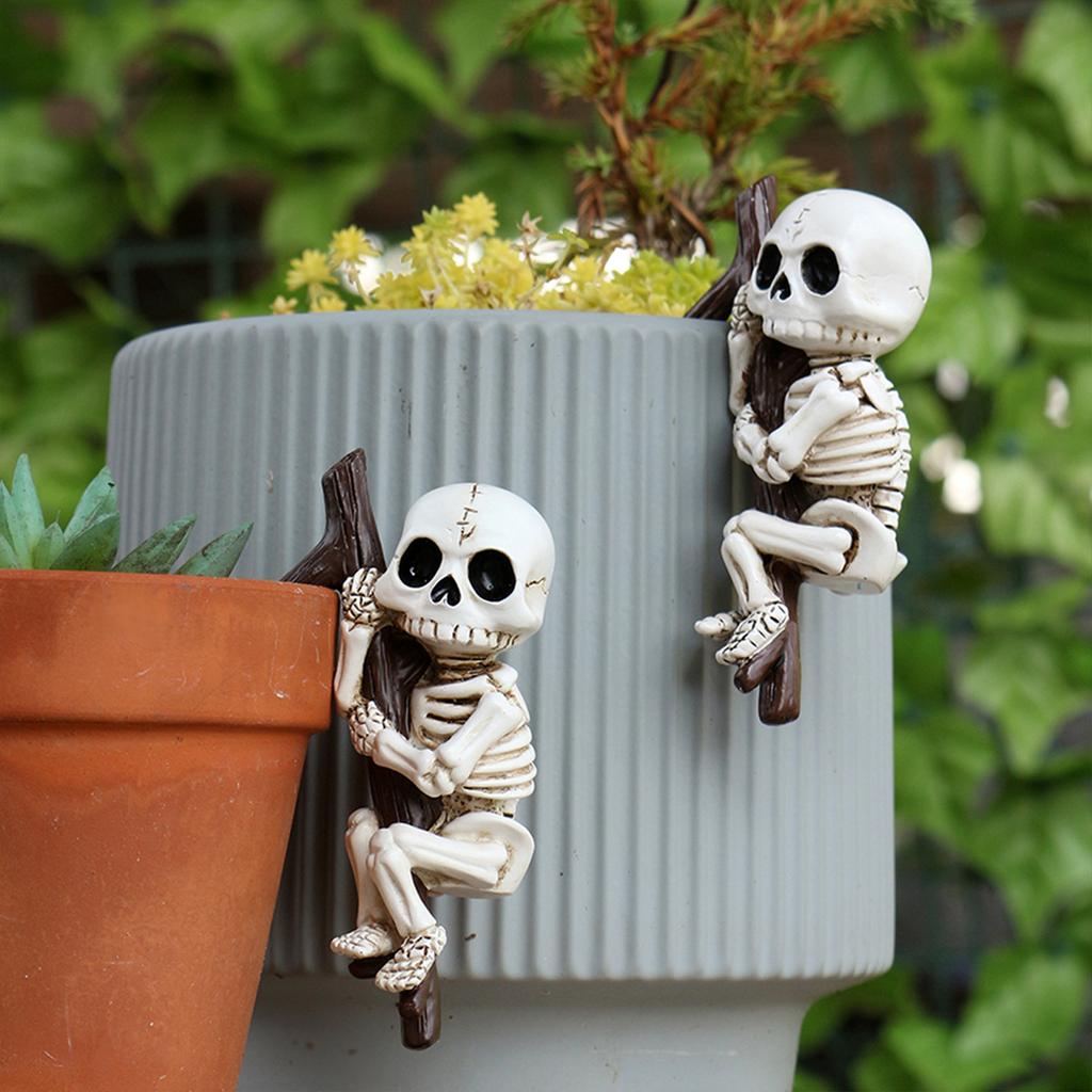 Halloween Skeleton Garden Statue Skeleton Holding Branch Funny Spooky Flowerpot Decor for Shelf Table Outdoor Garden