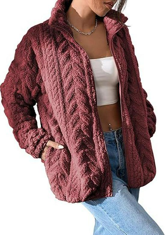 2026 Women's Solid Color Casual Zipper Cardigan with Stand Collar Fleece Jacket