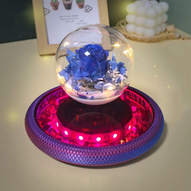 Magnetic Levitating Preserved Flower with Purple Base, 360° Free Rotation, Home Decoration Birthday Gift Valentine's Day Gift