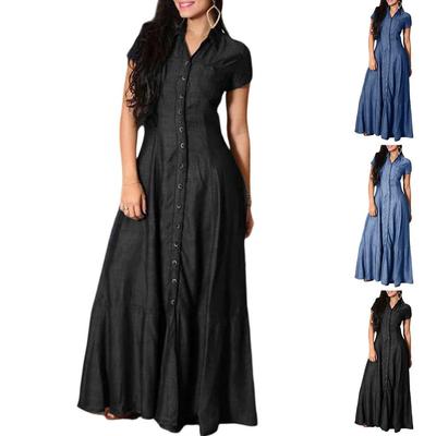 Women's Loose Long Dress Shirt Collar Pocket Large Swing Skirt Casual Denim Dress
