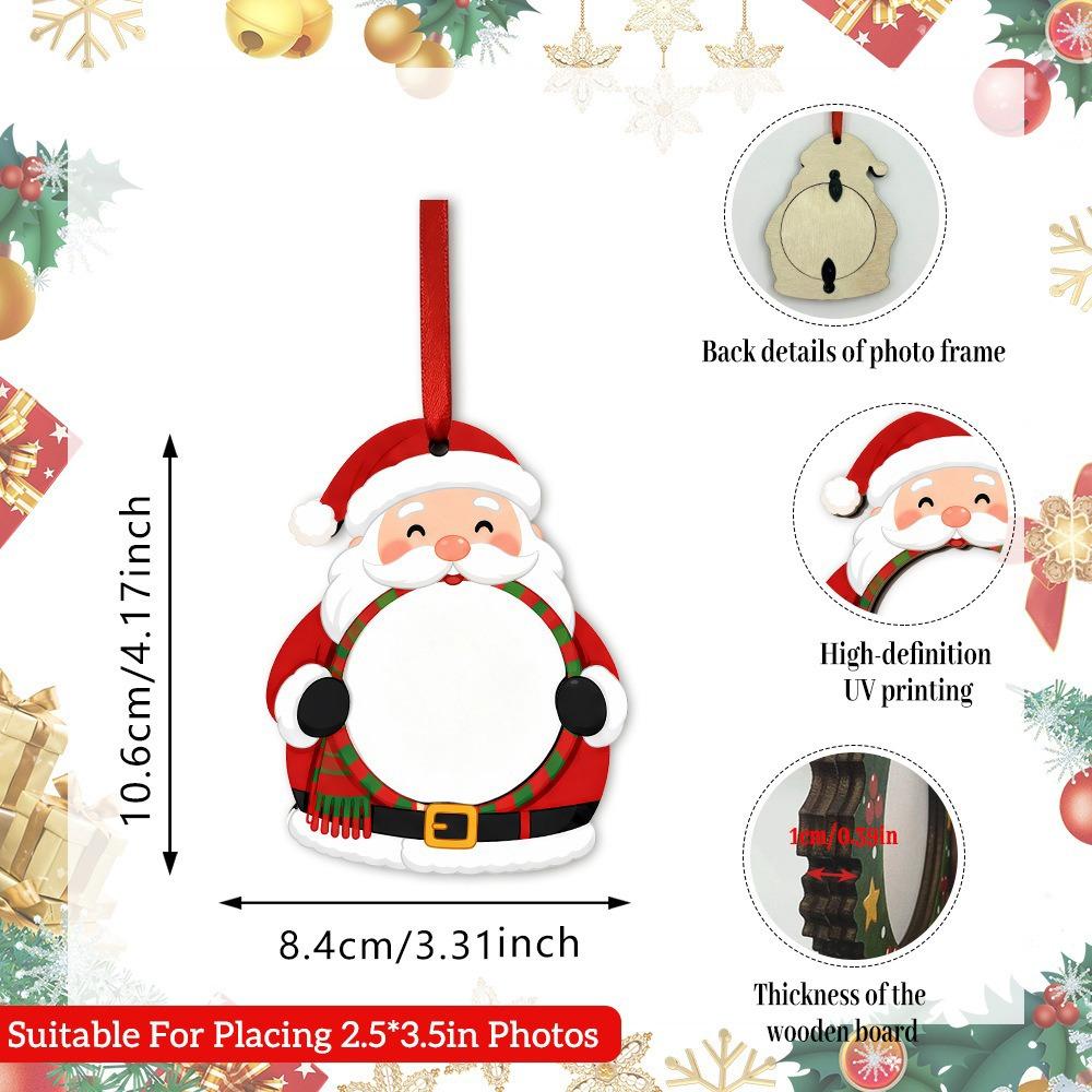 Flat Design Christmas Photo Frame Hanging Rope Bulk Set Wooden Picture Ornament 2D Style Wood Material Xmas Tree Decoration