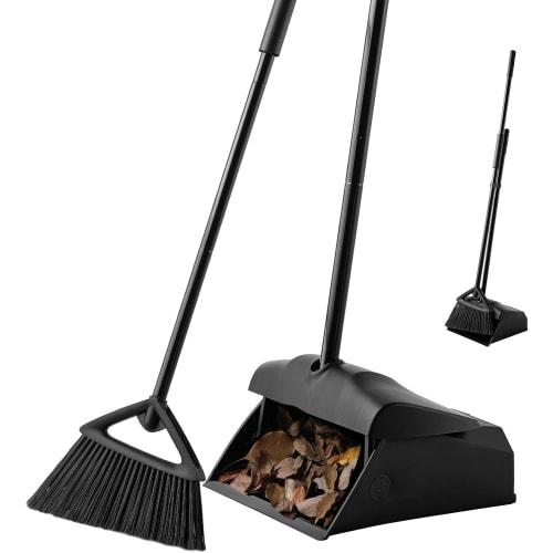 Eyliden Professional Broom and Dustpan Set, Standing Cleaning, Black, Wide Handle, Long Handle, with Lid, Odor and Windproof, Perfect for Outdoor Clea