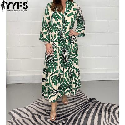 Women's Fashion Spring Fall 3/4 Sleeves V-Neck Loose Waistline Casual Dresses