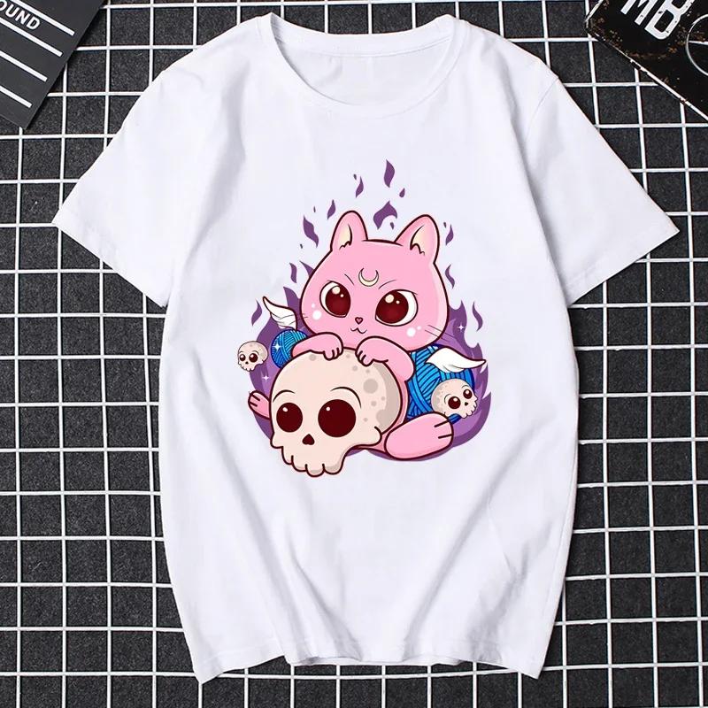 Katze Pastell Goth Mond Kawaii Halloween Schädel Lila Hexe Damen Kleidung Weiblich Klassische Ästhetik Grafik T-Shirts Freundin Geschenk