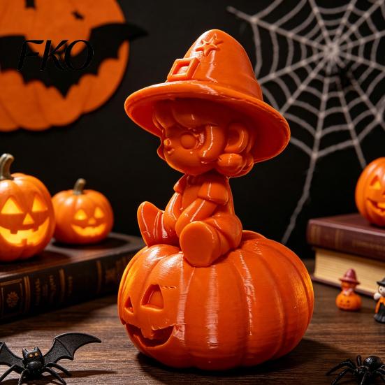 Desktop Pumpkin Girl Decor 3D Printed Figurine, Spooky Witch Statue, Halloween Decoration Sitting On Ornament for Party Carved