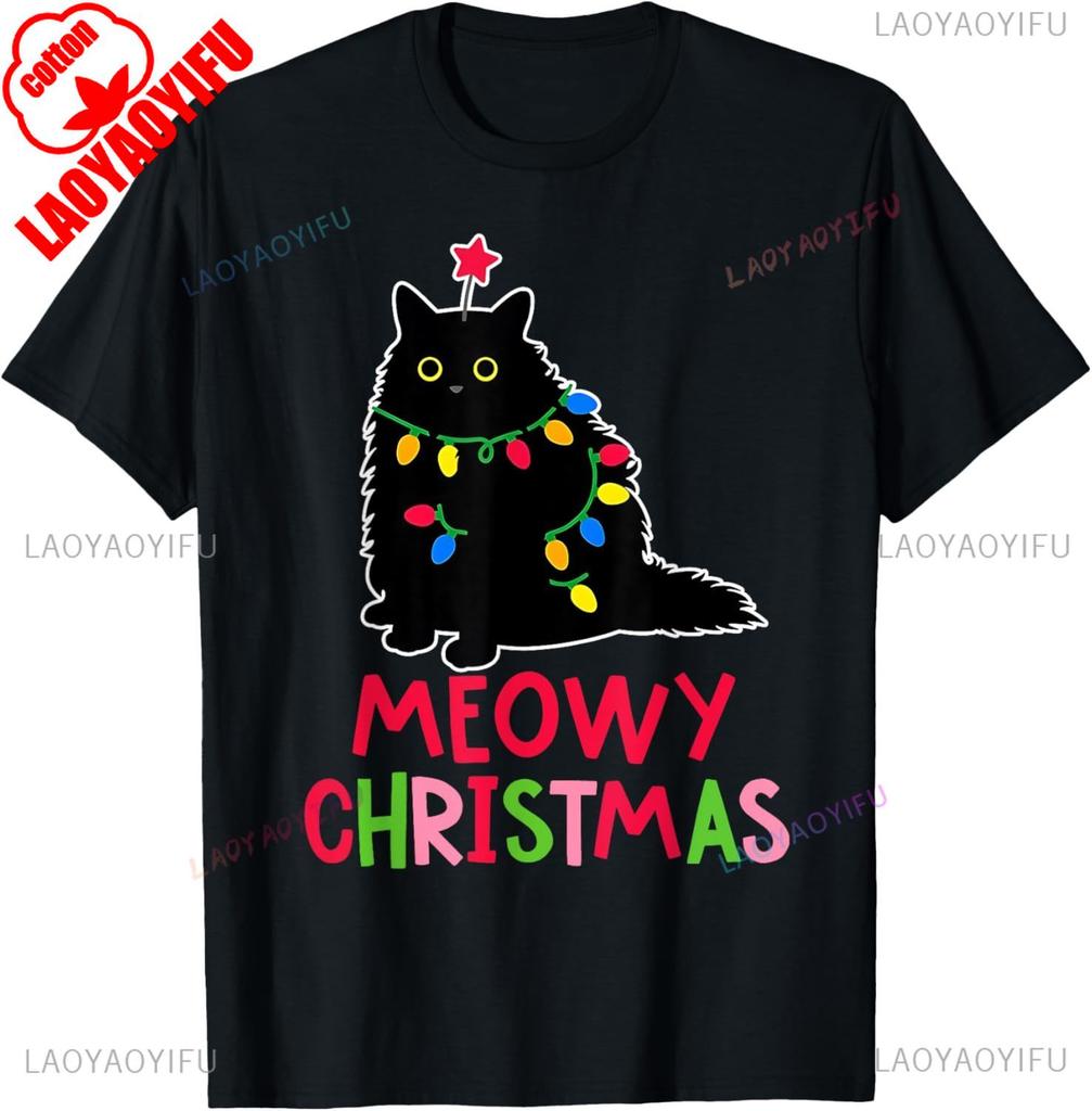New Style Lovely Kawaii Meowy Christmas Xmas Lights Black Cat Pajamas Family Funny Men Women High Quality Cotton TShirt