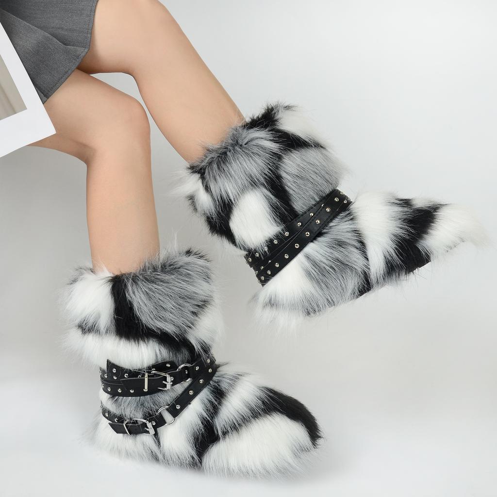 Women's Faux Fur Snow Boot Winter Warm Fluffy Furry Ankle Boots for Women Outdoor Fuzzy Mid-Calf Booties Plush Warm Snow Shoes for Outdoor Indoor