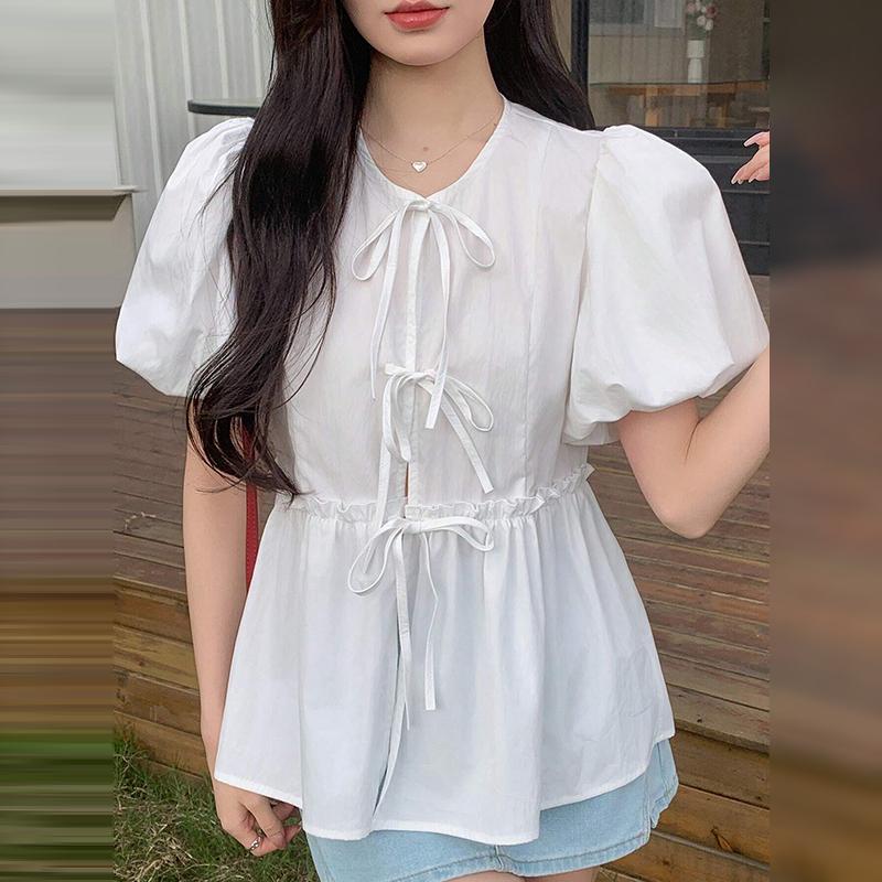 

ZANZEA Женская повседневная блузка с круглым вырезом и шнуровкой, просвечивающая, летняя, с коротким рукавом 3XL белый