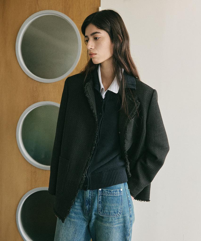 ARTID Oversized Collarless Tweed Jacket_Black