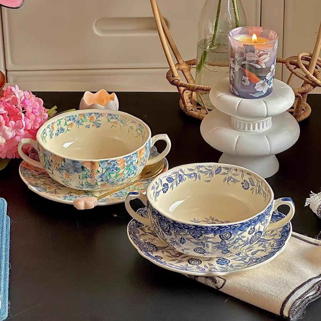 Orchidee Blau und Weiß Keramik Binaural Schalen Set, High-End Geschenke, Retro Haushaltschalen, Hochwertige Reisschalen, Knochenspuck-Schälchen