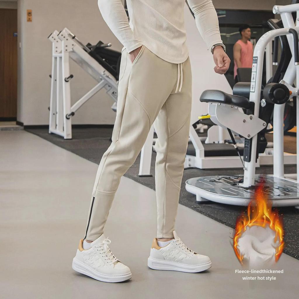 Men's Loose-Fit Plush Sweatpants: Thick, Autumn/Winter, Straight-Leg, Zippered Fitness Trousers for Running and Casual Wear.
