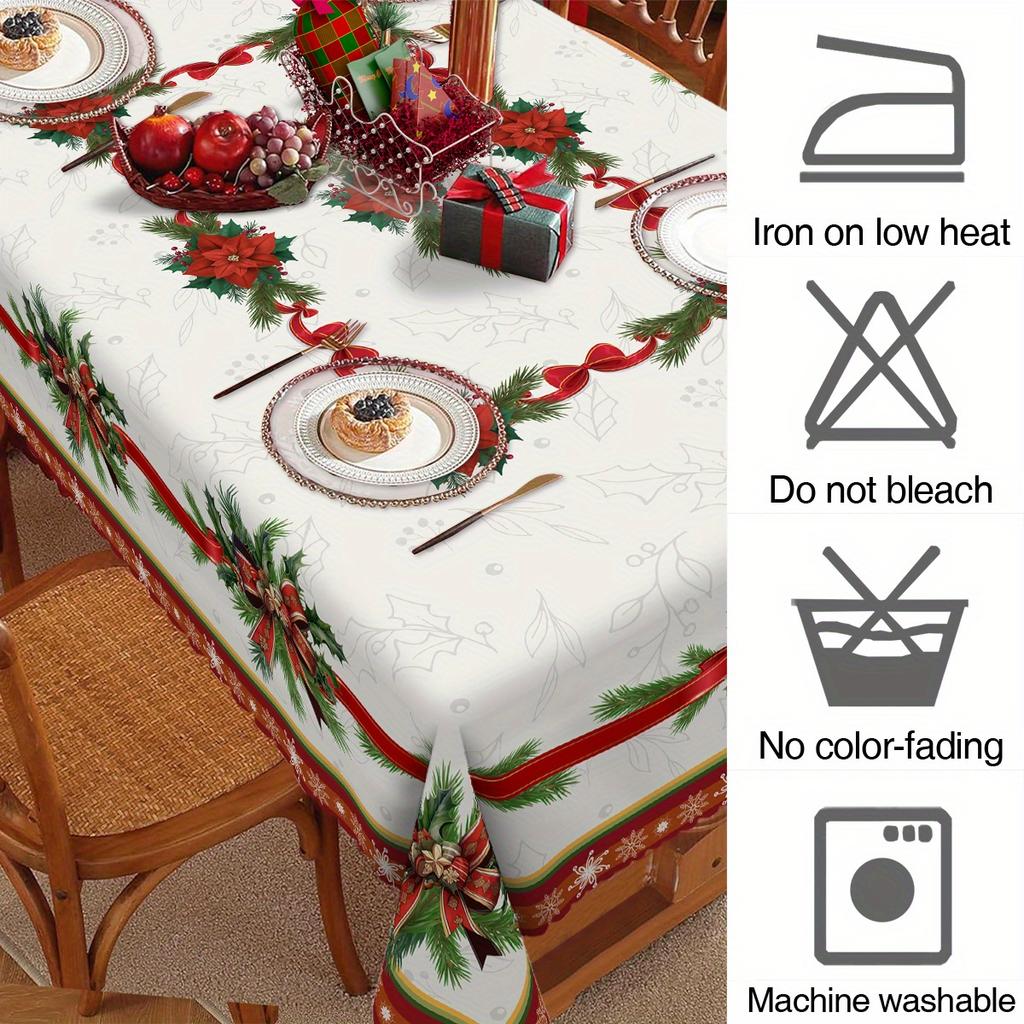 Christmas Poinsettia Golden Ribbon Tablecloth for Table Decor Winter Holiday Kitchen Dining Table Cloth Christmas Decorations