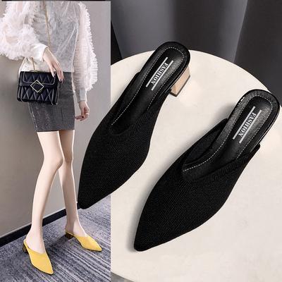 Mueller Shoes Women's Outside Korean Fashion Pointed Head Baotou Flyknit High Heels Retro Thick Heeled Single Shoes