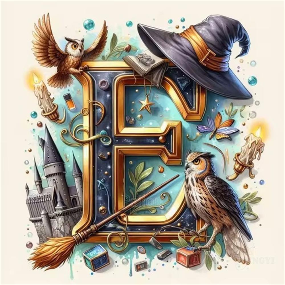 Harry Potter Fantasy Castle and Owl Letters Diamond Painting Cross Stitch Art Magical Alphabet Witch House Mosaic Home Decor