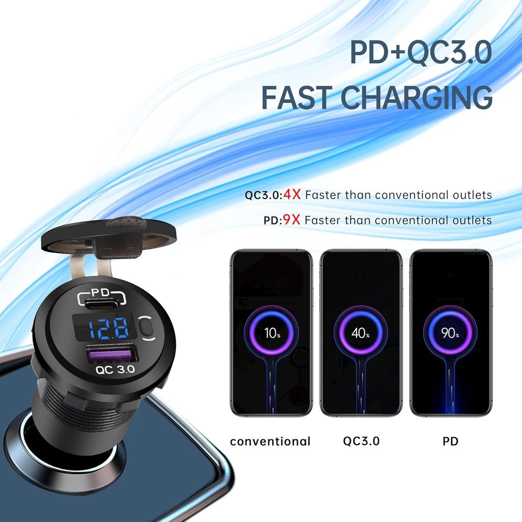 Quick Charge 3.0 Dual USB Car Charger Socket With LED Voltmeter And ON Off Switch Fused Wire Kit 12V/24V PD QC3.0 Fast Charge USB Outlet For Car Boat