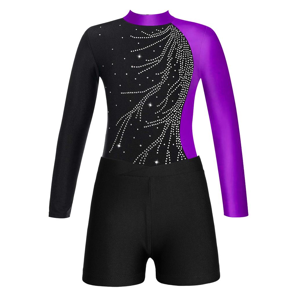 Girls Mock Neck Long Sleeve Sparkle Rhinestone Keyhole Back Leotard V Front Waistband Shorts Dance Skating Outfit