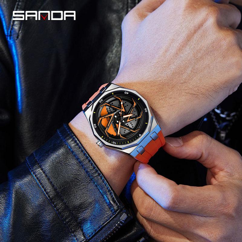 Sanda Brand Men's 360° Rotating Wheel Hubcap Design Quartz Watch Fashion Sports Silicone Waterproof For Daily Wear Hollow Watch