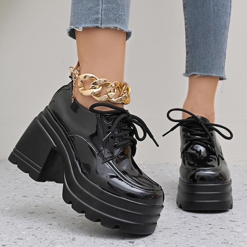 Modische Lackleder Ankle Boots mit Blockabsatz für Damen Gothic Punk Stil Schwarz Motorradstiefel Frau Mode Plateau Botas De Mujer