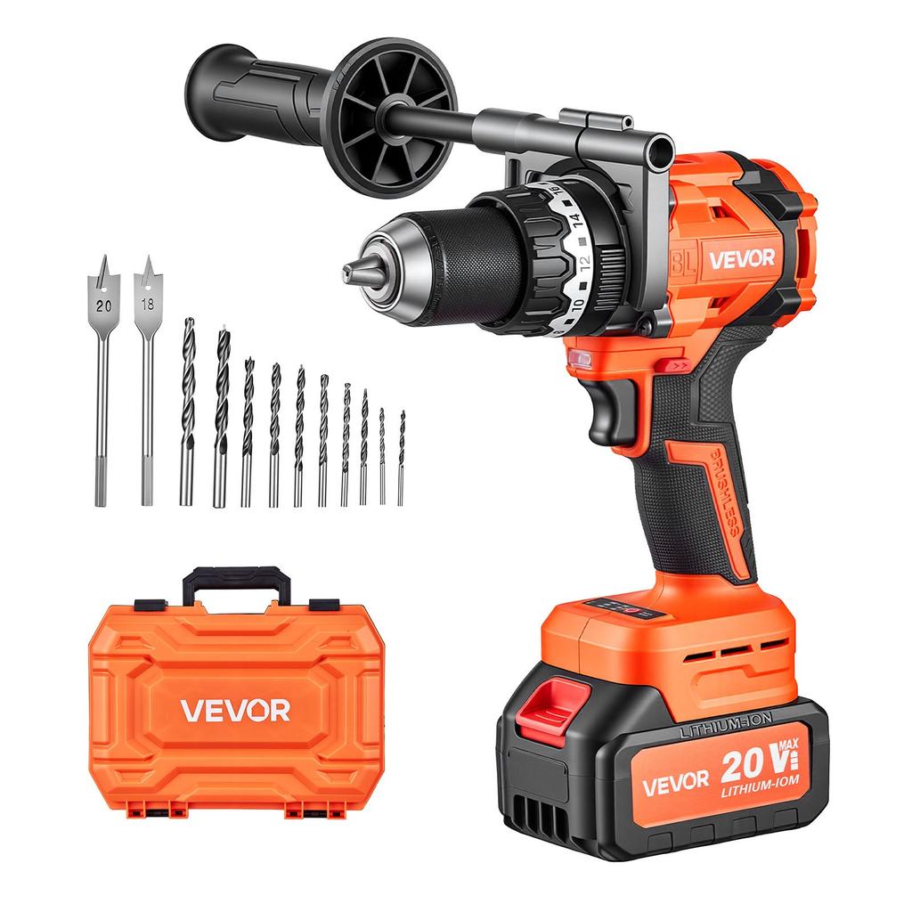 VEVOR Hammer Drill 20V 1/2 in 24000 IPM Brushless Cordless Impact Drill Kit, for Drilling Wood Metal Screw Driving