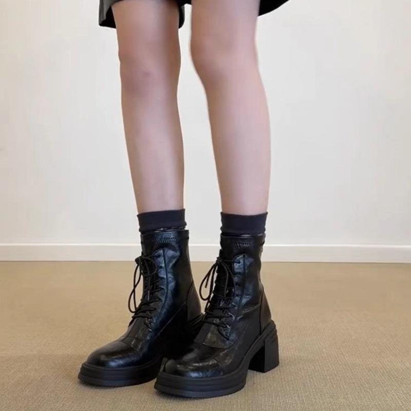 Lace-up Booties Women's New Round Toe Soft Leather Soft Sole Non-slip Temperament Thick Heels