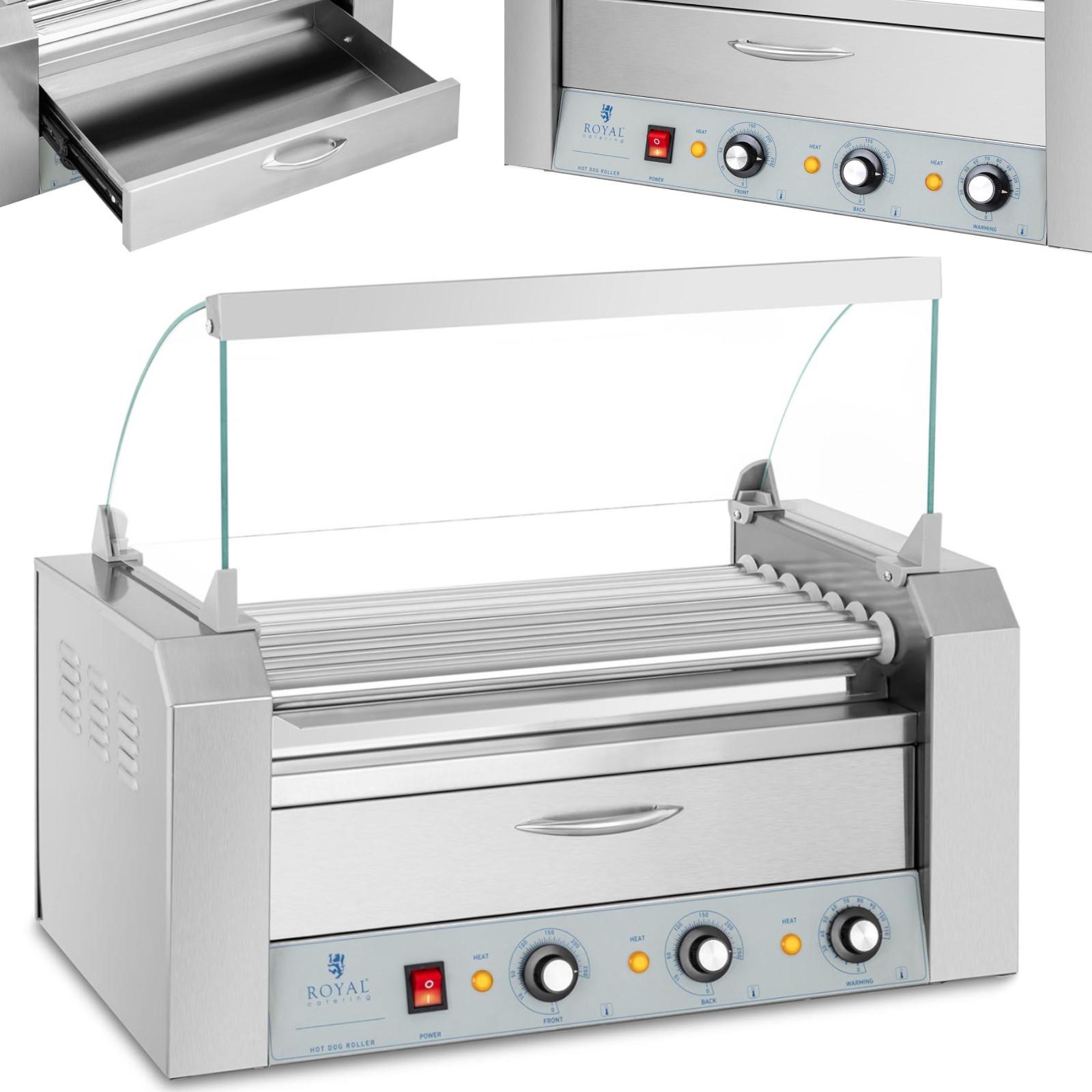 Roller grill warmer for hot dogs with drawer and cover, 7 rollers