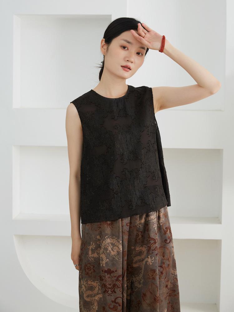 Women's Chinese Style Silk Vest - 100% Mulberry Silk, Sleeveless, Round Neck, Slightly Sheer