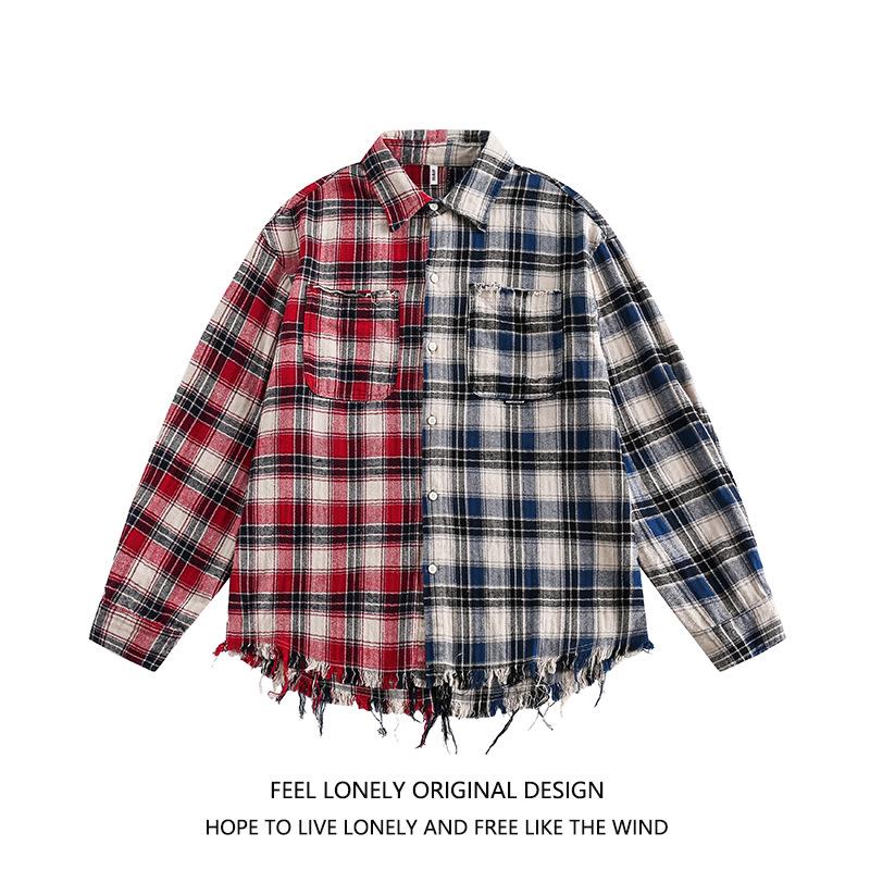 

Мужская рубашка свободного кроя в клетку с красной строчкой в стиле High-Street - весна/осень 2024 г. L