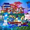 Fairy Pavilion Cherry Blossom Treehouse with Peach Blossom Pond - Creative Ancient Style Building Block Ornament, Handmade Assembly Scene.
