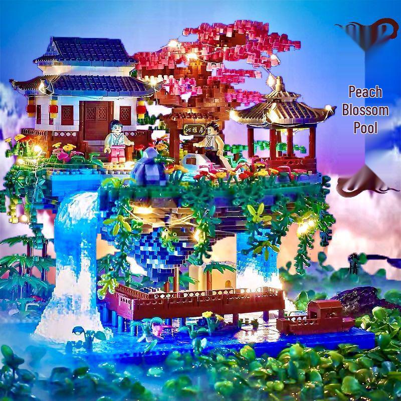 Fairy Pavilion Cherry Blossom Treehouse with Peach Blossom Pond - Creative Ancient Style Building Block Ornament, Handmade Assembly Scene.