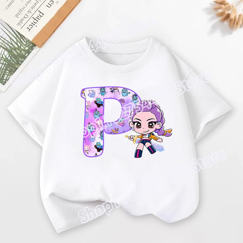 KPop Demon Hunters Child Short Sleeve T-shirt Cartoon Rumi Mira Zoey A-Z Print Cotton Tops Kawaii Summer Casual Tees Kids Gifts