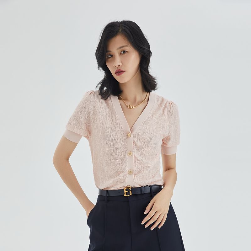 

Obeg Spring New Arrival Letters V-neck Knitted Cardigan Light powder 165/M/38