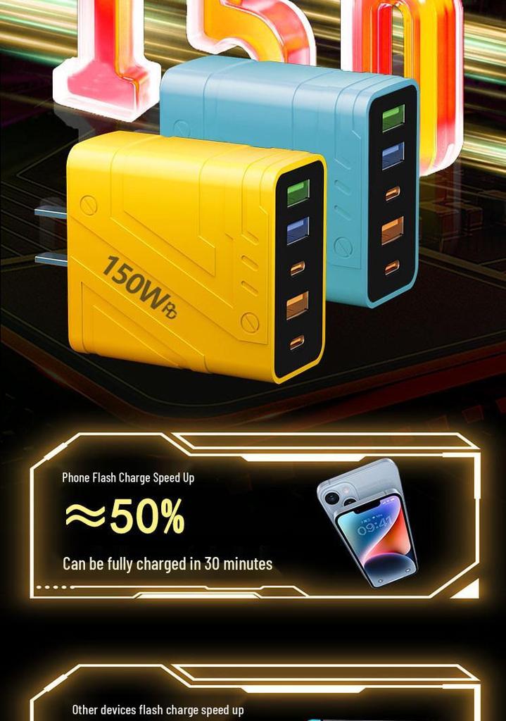 150W High-Power GaN USB Charger with Multi-Port Fast Charging for Apple & Android