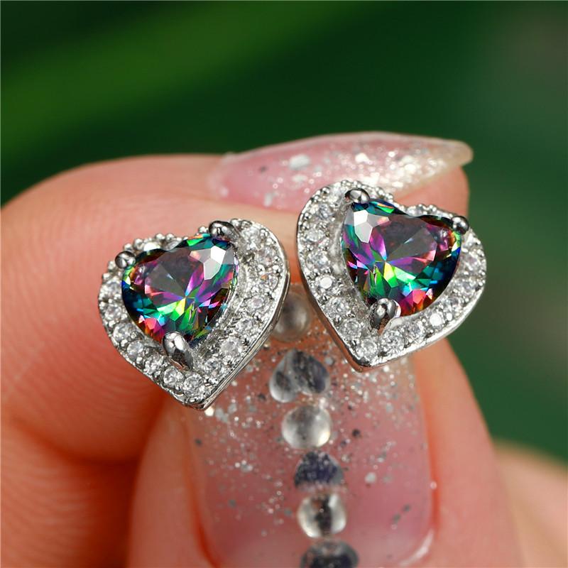 Luxury Female Rainbow Colorful Stone Stud Earrings Fashion Silver Color Small Heart Vintage Wedding Jewelry For Women