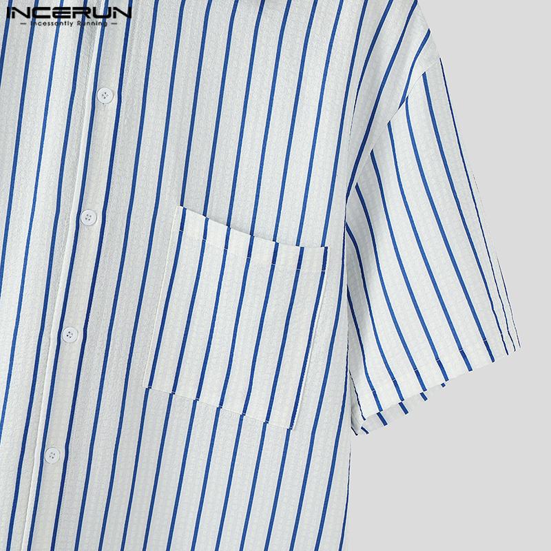 INCERUN Men Short Sleeve Shirts Lapel Stitching Striped Loose Shirts