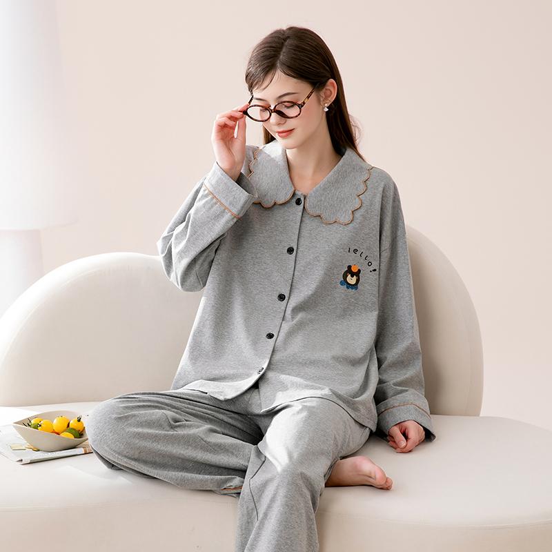 Fenteng [100% cotton] lace lapel cardigan with a girlish feel that can be worn as an outerwear long sleeved home suit set for women's sleepwear