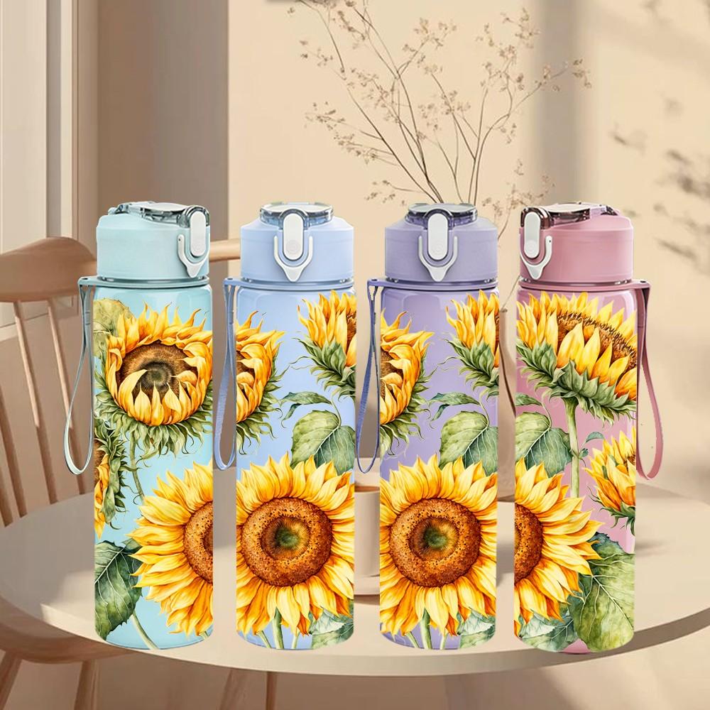 1PC Sunflower Boho Farm Floral Pattern 750ml Color Plastic Sports Water Bottle Leakproof Flip Straw Lid Suitable for Sports Office Home Use