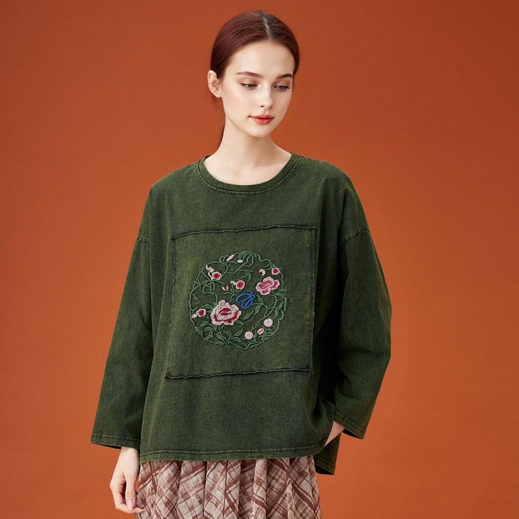 DIMANAF 2026 Summer Cotton T-shirt Women Flower printing Short Sleeve Loose Green Blue T-shirt