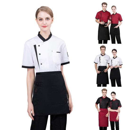 Chef Uniform Chinese Stand-Up Collar Short Sleeve Unisex Chef Tops with Practical Button Closure Color Matching Functional Pocket Restaurant Kitchen