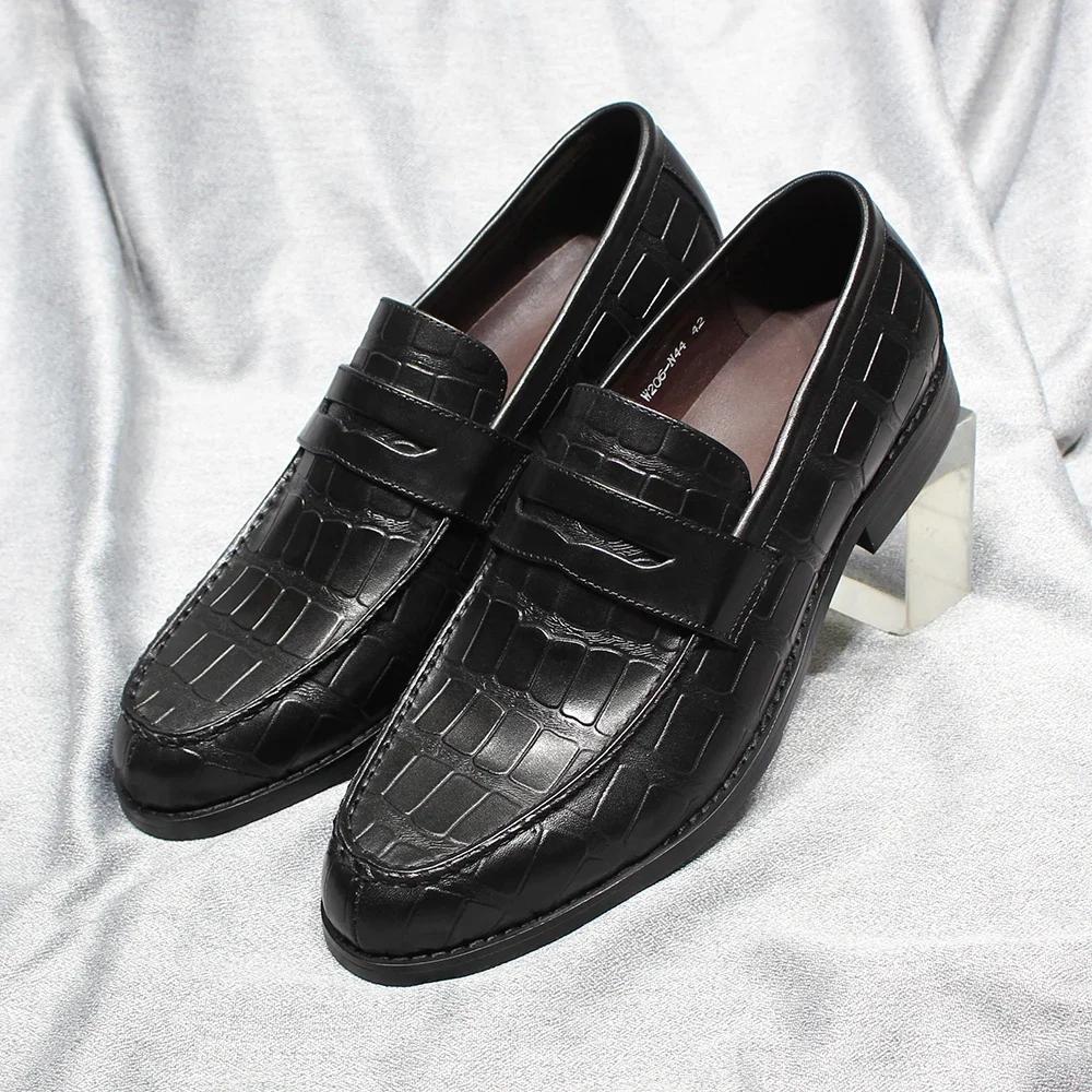 Fashion Men's Genuine Leather Penny Loafers with Handmade Alligator Pattern Slip-On Dress Shoes for Wedding Party Office Casual Loafer