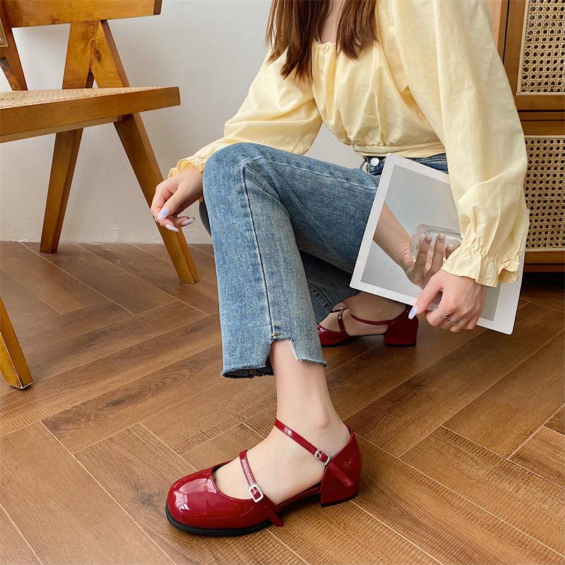 New Mary Jane Shoes Buckle High Heels Women's Thick Heel Elegant Shallow Mouth Square Toe Shoes Office Women's Leather Shoes