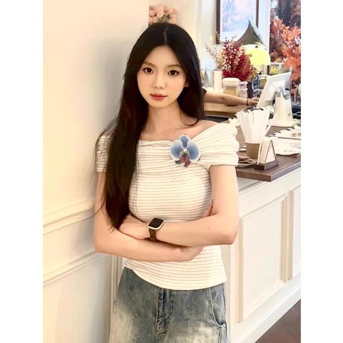 

005 #Special Shoulder Blue Striped Short Off-Shoulder Top S