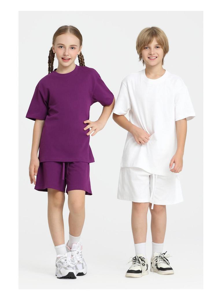 LVLV American Brand Trendy 275g Pure Cotton Loose T-shirt and Sports Shorts Set for Men, Women, and Kids.