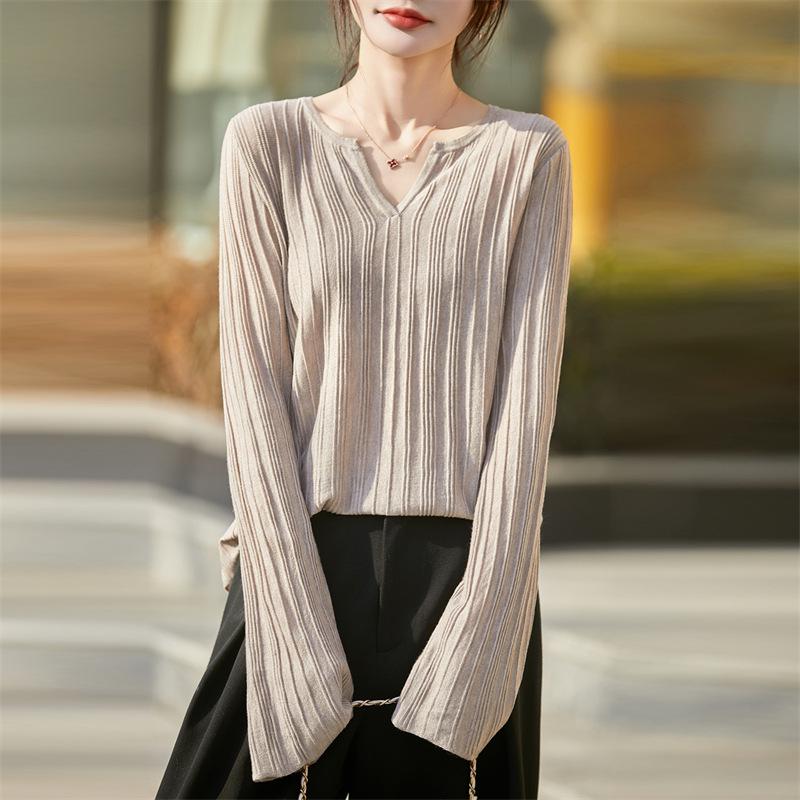 2026 Spring & Autumn Women's V-neck Wool Knit Pullover - Long Sleeve Ribbed Solid Color Top