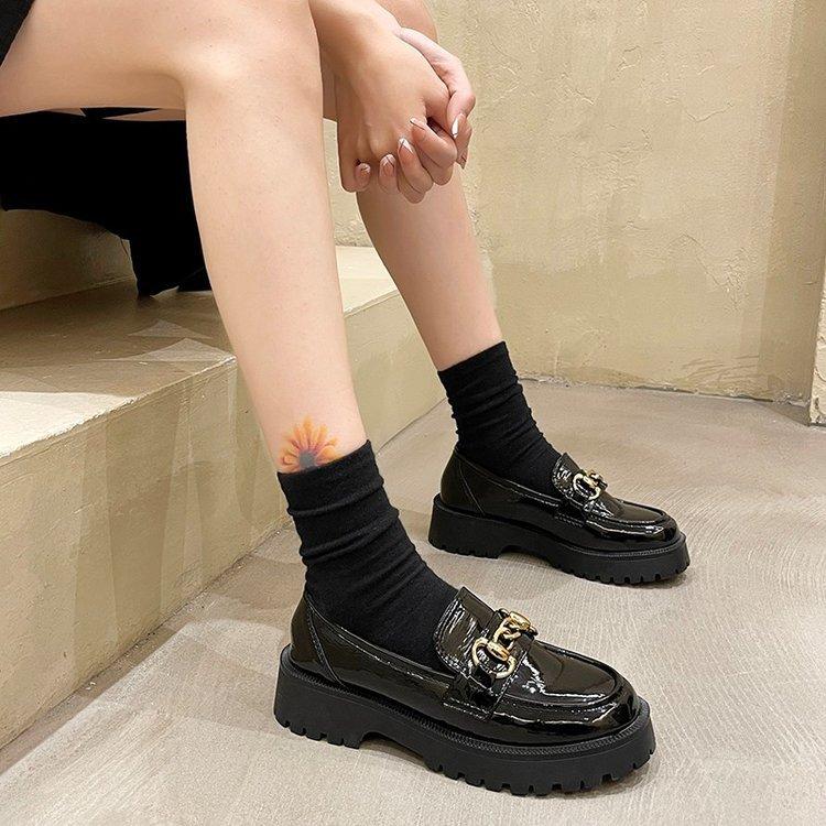 Black British Style Small Leather Shoes Women's Spring 2025 New Thick Heel Single Shoes Patent Leather One Pedal Platform Loafers