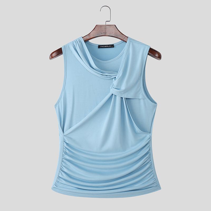 

INCERUN Мужские топы-майки без рукавов с круглым вырезом, с перекрученным элементом и оборками, повседневные, приталенные 5XL синий