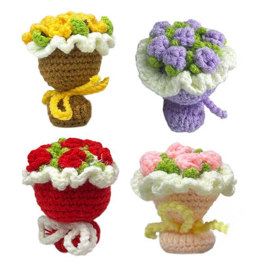 Crochet Rose Flower Bouquet Decoration Handmade Knitting Floral Ornament Finished Hand Woven Flower Table